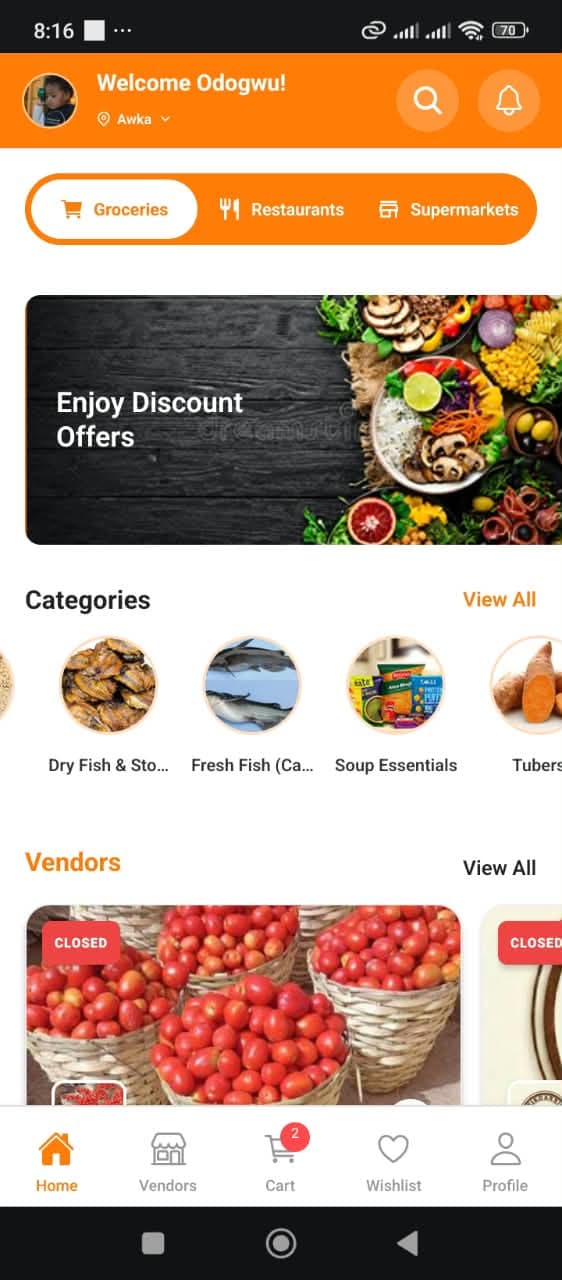 StockedUp app home screen with categories and vendors